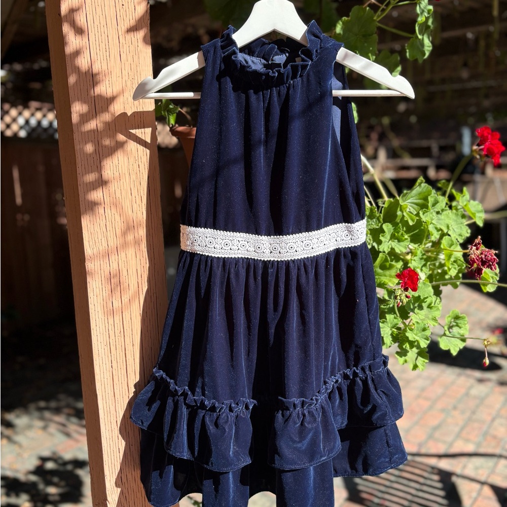 Janie & Jack Navy Blue Ruffled Velvet Girls Dress, size 10